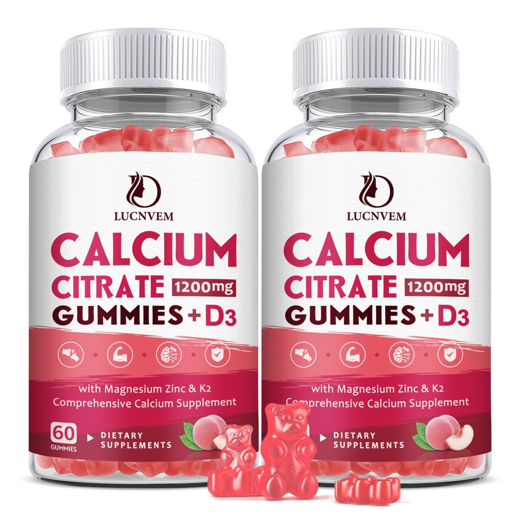 (2パック) ビタミンD3とCalciumのクエン酸塩1200mgは女性及び人のためのグミー、ビタミンD3 K2、骨筋肉のための高い吸収性-ピーチの味- 60の日の供給を補います