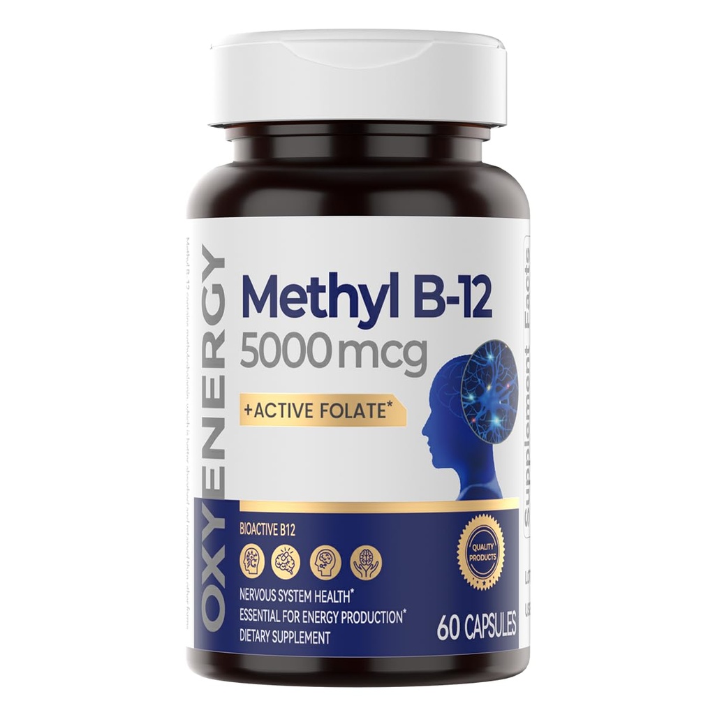 OxyEnergyのメチルのビタミンB12 5000mcgのFolate、サポートNerves、エネルギーMetabolism及び認知、60のカプセルが付いている余分強さのMethylcobalamin B-12の補足