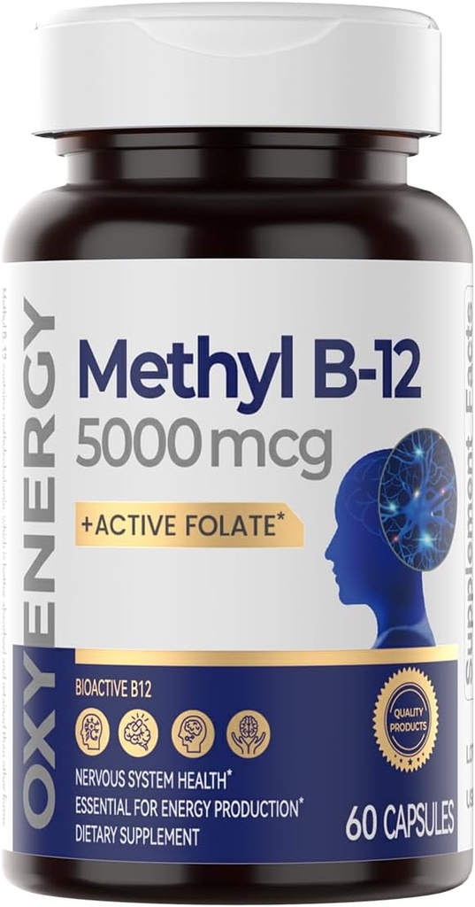 OxyEnergyのメチルのビタミンB12 5000mcgのFolate、サポートNerves、エネルギーMetabolism及び認知、60のカプセルが付いている余分強さのMethylcobalamin B-12の補足
