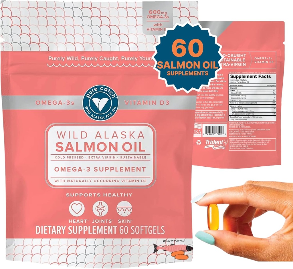 女性+ビタミンD3のためのトリデントシーフード純粋なキャッチワイルドアラスカフィッシュオイル - Omega-3サーモンフィッシュオイルサプリメント - EPAとDHA - 60カウントデイリーシトラスソフトジェル - 共同サポート、皮膚、および心臓の健康