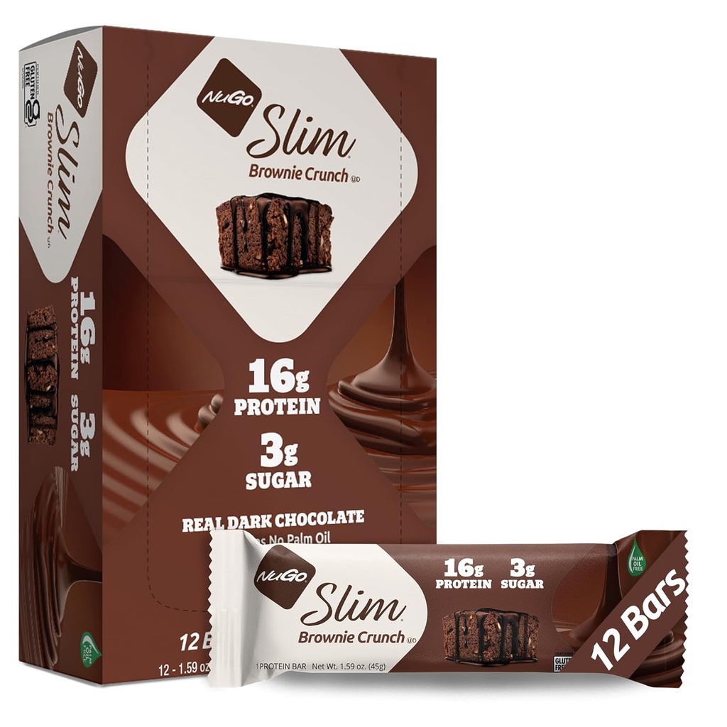 NuGo Slim Dark Chocolate Brownie Crunch, 16g Protein Bar, Gluten Free, Non-GMO, Kosher, Keto Friendly, Low Carb, 12 Count
