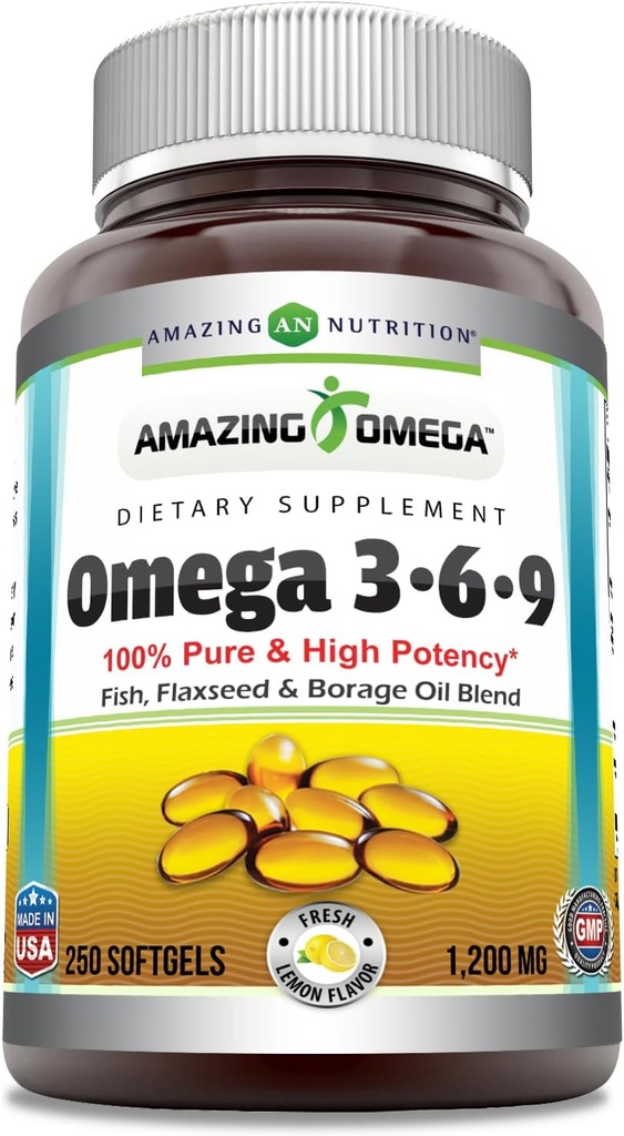 Amazing Omega 3.6.9 Supplement | 1200 Mg | Lemon Flavor | Unique Formula of Flaxseed Oil, Borage Oil, Fatty Acids | Non-GMO | Gluten-Free | Made in USA (1 Pack | 250 Softgels)