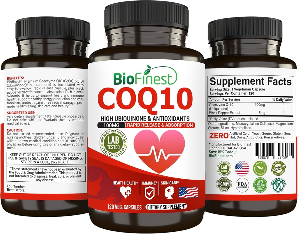 BioFinest CoQ10 Coenzyme Q10 100mgの補足-急速な解放の速い吸収-免疫の心臓エネルギー酸化防止剤(120caps)