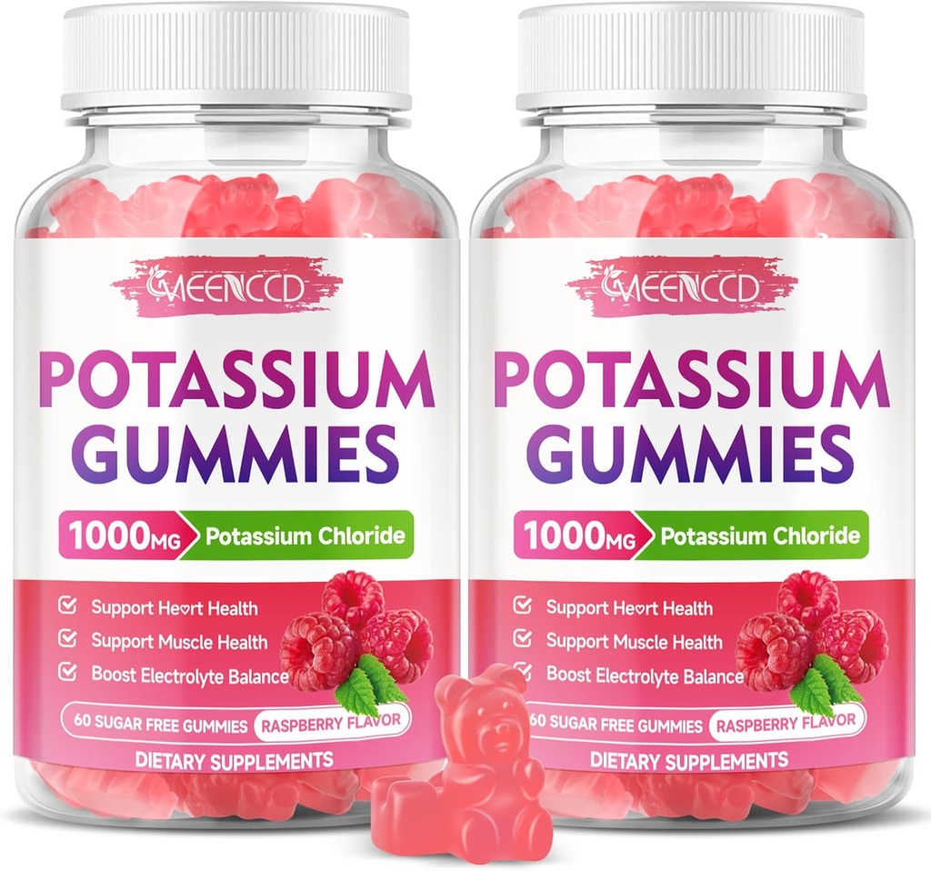 2 Pack Potassium Gummies, Potassium Chloride 1000mg for Adults, Sugar-Free Potassium Supplement Gummies Support Electrolyte Balance & Leg Cramps for Women & Men, Raspberry Flavor, 120 Count