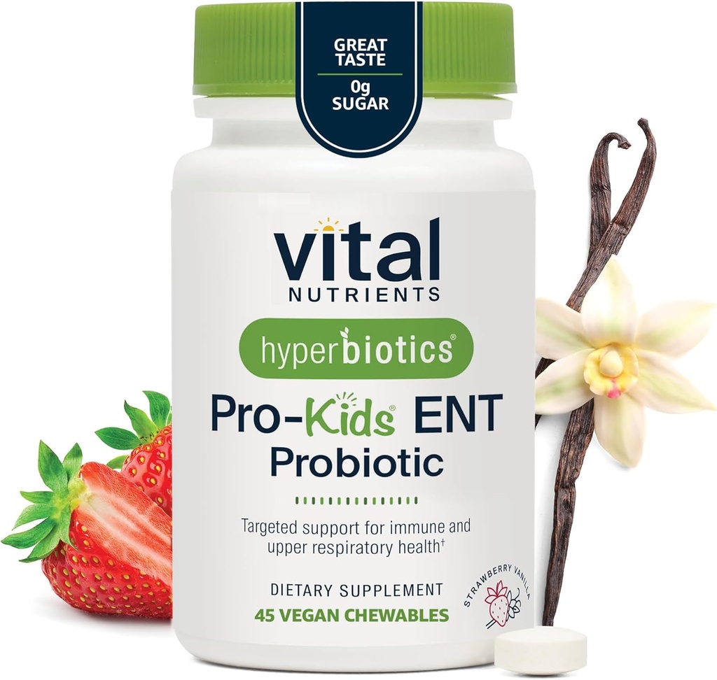Hyperbiotics Vital Nutrients Pro Kids Probiotic ENT | Toddler Probiotics for Kids Ear, Nose and Throat | Targeted Immune and Digestive Health | Strawberry-Vanilla 45 Sugar-Free Chewable Tablets