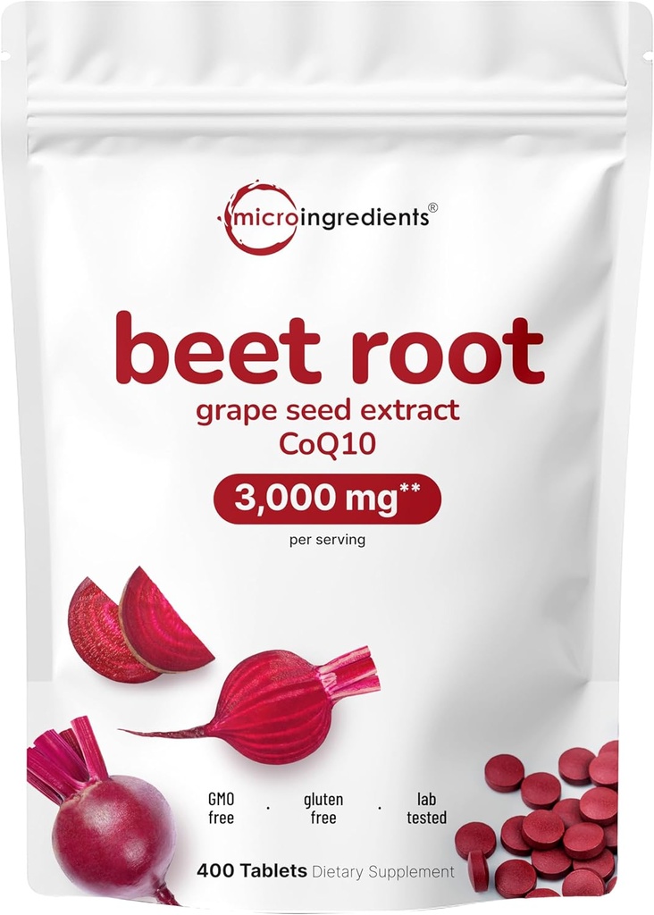 Beet Root 3,000mg、Grape Seed Extract & CoQ10、400錠 | 200便益 | 新鮮なビートルート抽出物、血圧&心臓健康サポート