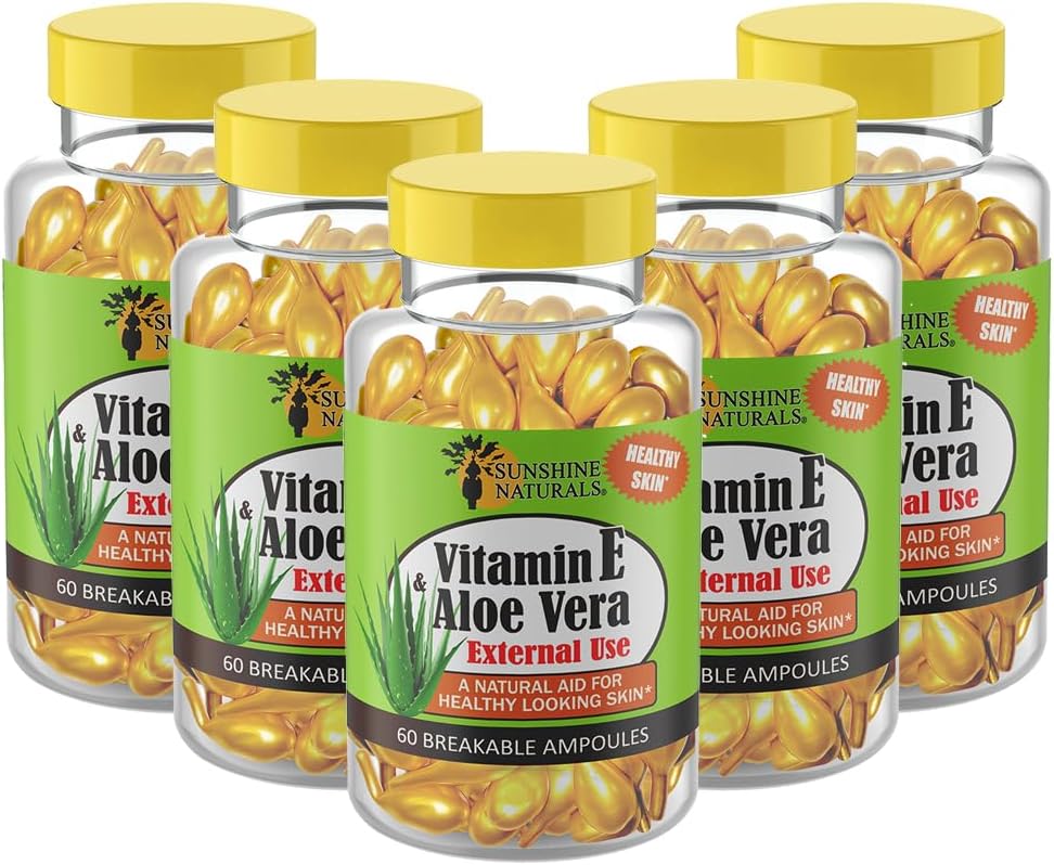 サンシャインナチュラルビタミンEとアロエベラ保湿剤。 乾燥した皮、痛みの軽減、栄養および皮の伸縮性のための水和式。 柔らかで健康な肌を促進します。 60バイアル。 5パック