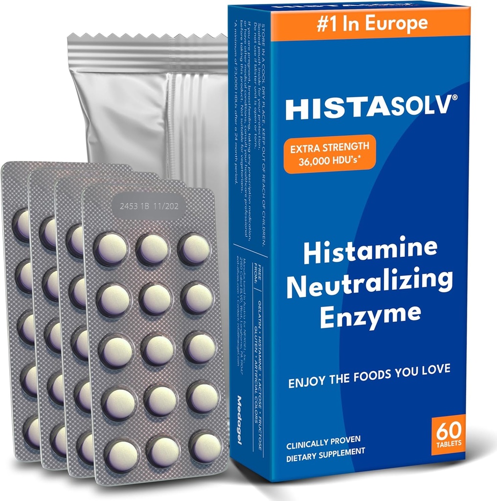 HISTAsolv Extra Strength DAO Enzyme Supplement for Histamine Food Intolerance - Eases Digestive Discomfort - Patented Tech - Made in Austria - 60 Pack