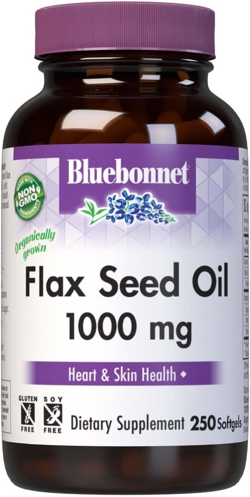 BlueBonnetフラックスシードオイル1000mg - Omega 3 6 9脂肪酸は、女性と男性のための心の健康と皮膚サポート - 冷間プレス、有機亜麻油カプセル - 非GMO、グルテンフリー、大豆フリー - 250 Softgels