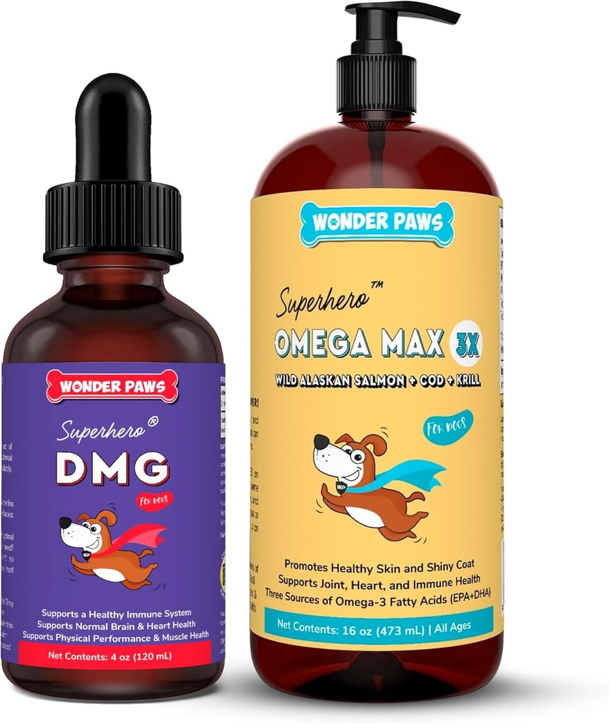 ワンダーPAWSプレミアムDMG液体プラスオメガマックスフィッシュオイル - 犬の免疫サポート、皮膚、アレルギー、関節ケアと全体的な健康 - DMG 4オンス - オメガマックス16オンス