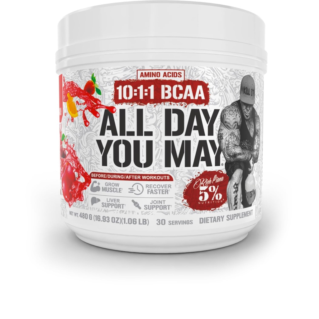 5%栄養豊富なPiana AllDayYouMay BCAAパウダー | プレミアムイントラ&ポストワークアウトアミノ酸、水分補給、筋肉回復、関節&肝臓サポート | 16.93 oz、30 サービング(フルーツパンチ)
