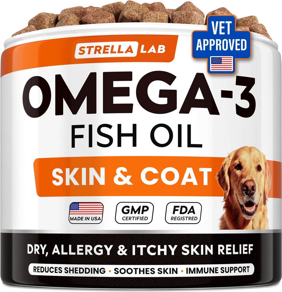 犬のための StrellaLabオメガ3 - (180Ct) 魚油の御馳走 - アレルギー&イッチリリーフスキン&コートサプリメント - 乾燥肌、アンチシェイディング&ホットスポットトリートメント - ペットサーモンオイル咀嚼 - チキンフレーバー
