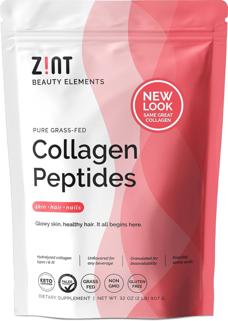 Zint Collagen Peptides Powder (32 oz) | Grass-Fed, Hydrolyzed Type I & III | Supports Skin, Hair, Joints & Gut Health | Rich in Key Amino Acids | Paleo-Friendly, Keto, Non-GMO, Unflavored