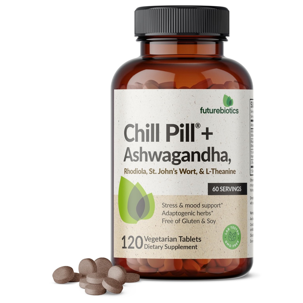 Futurebiotics Chill Pill + Ashwagandha, Rhodiola, St. John's Wort, & L-Theanine - Non-GMO, 120 ベジタリアン タブレット