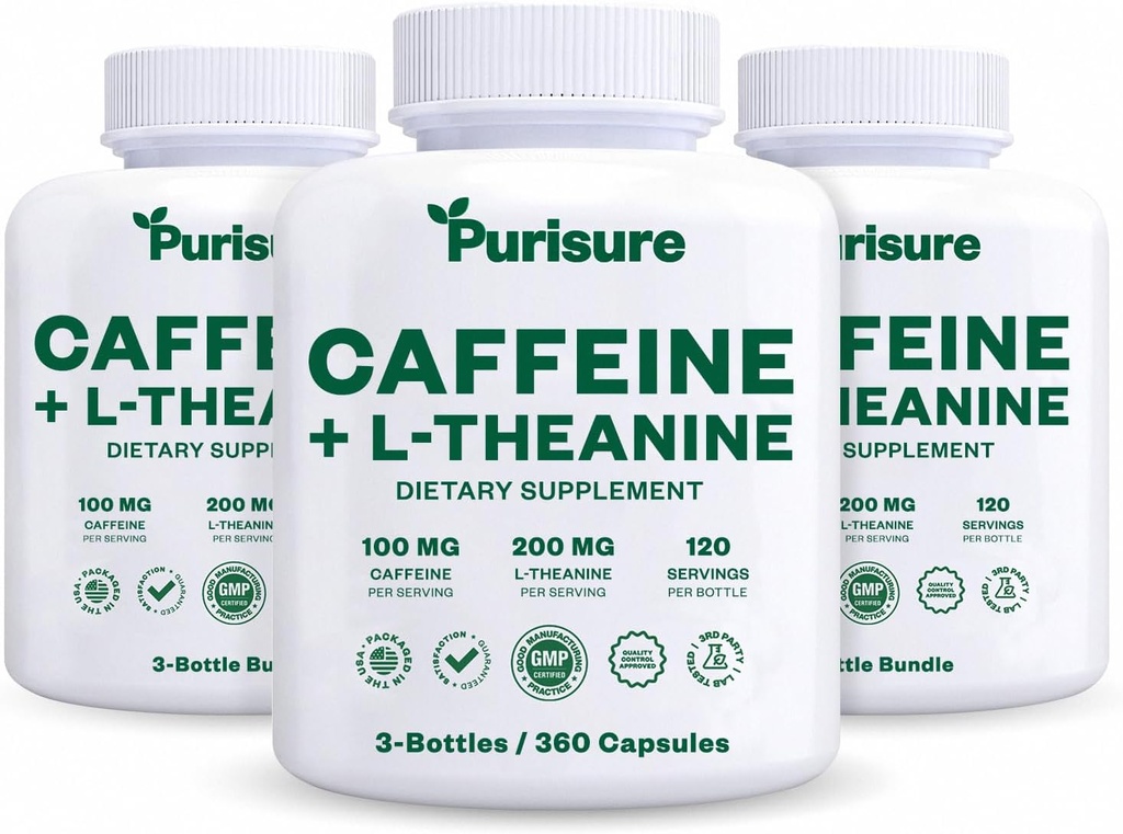 Purisureのカフェインのテアニンのカプセルはプレワークアウトエネルギーのための100mgカフェイン+ 200mg Lテアニンを錠剤にし、疲労、向知性補足、120日の供給、3のパック