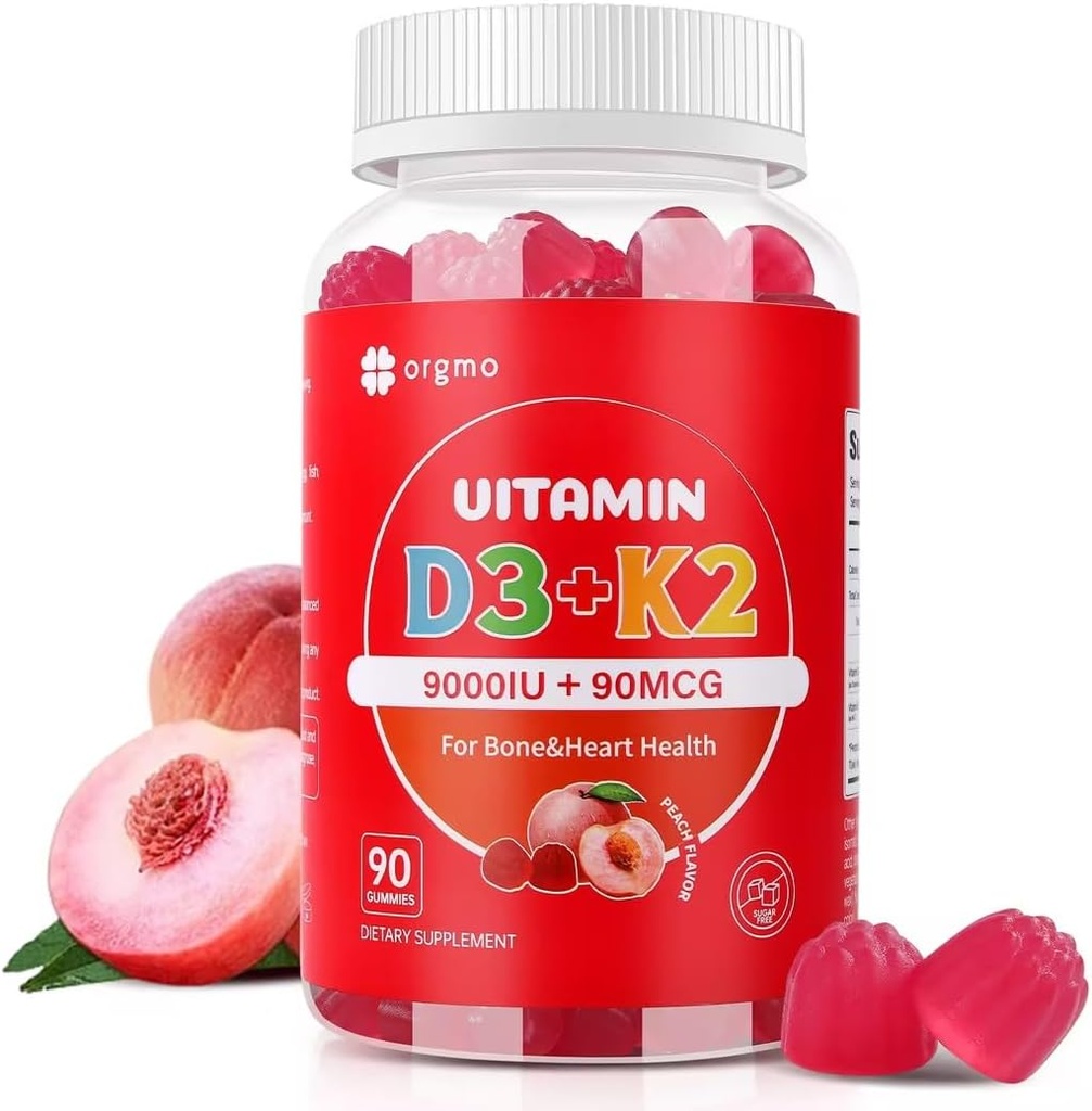 Vitamin D3 K2 Gummies Sugar Free, K2 D3 Vitamin Supplement 9000 IU for Adult Women Muscle Teeth Immune Support 90 Counts, Peach Flavor