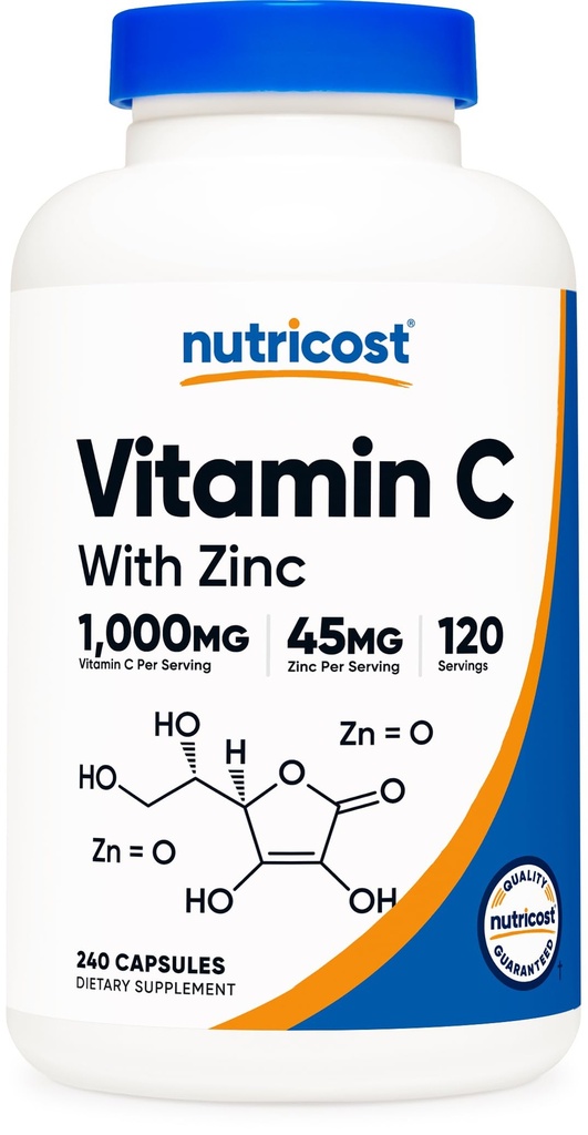 亜鉛カプセル、120のサービングが付いているNutricostのビタミンC - 1000mg、45mg亜鉛、非GMOのグルテンフリーのビタミンCの補足