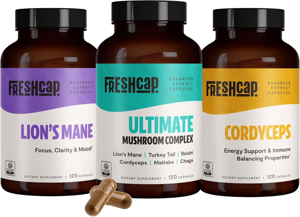 FreshCap Mushrooms Popular Mushrooms Bundle, Capsules (Lions Mane, Cordyceps, Ultimate Mushroom Complex) Capsules