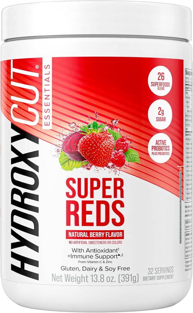 Hydroxycut Essentials Super Reds | Superfood Powder | Vitamin C & Zinc for Immune Support | Probiotics | 26 Superfood Blend | Soy, Gluten and Dairy Free (32 Servings)