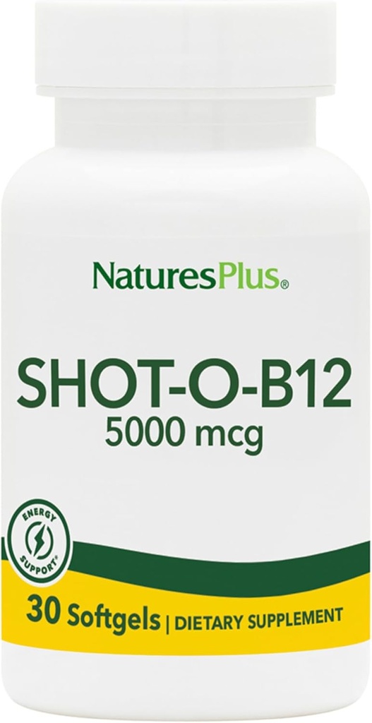 Natures Plus Shot-O-B12(Cyanocobalamin) - 5000 mcg、30 Softgels - 高効力、高速演技B12サプリメント - メモリ&エネルギーブースター - グルテンフリー - 30サービング
