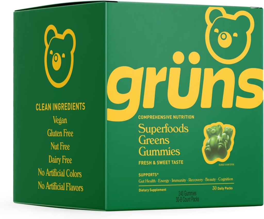 Gruns Super Greens Gummy Bears - 有機スピルリナとクロレラ、消化の健康のためのプレバイオティクス、20 +ビタミンとミネラル - 30サッシ - 240グミ