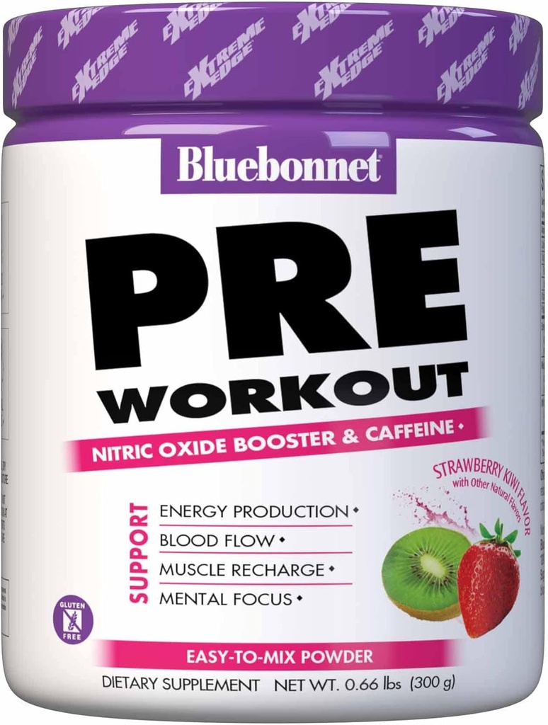 Bluebonnet Nutrition Extreme Edge Pre Workout、Muscle Recharging Formula*、Nitric Oxide(NO) Levels*、Soy-Free、Dairy-Free、Strawberry Kiwi、30サービング、10.56 Ounce