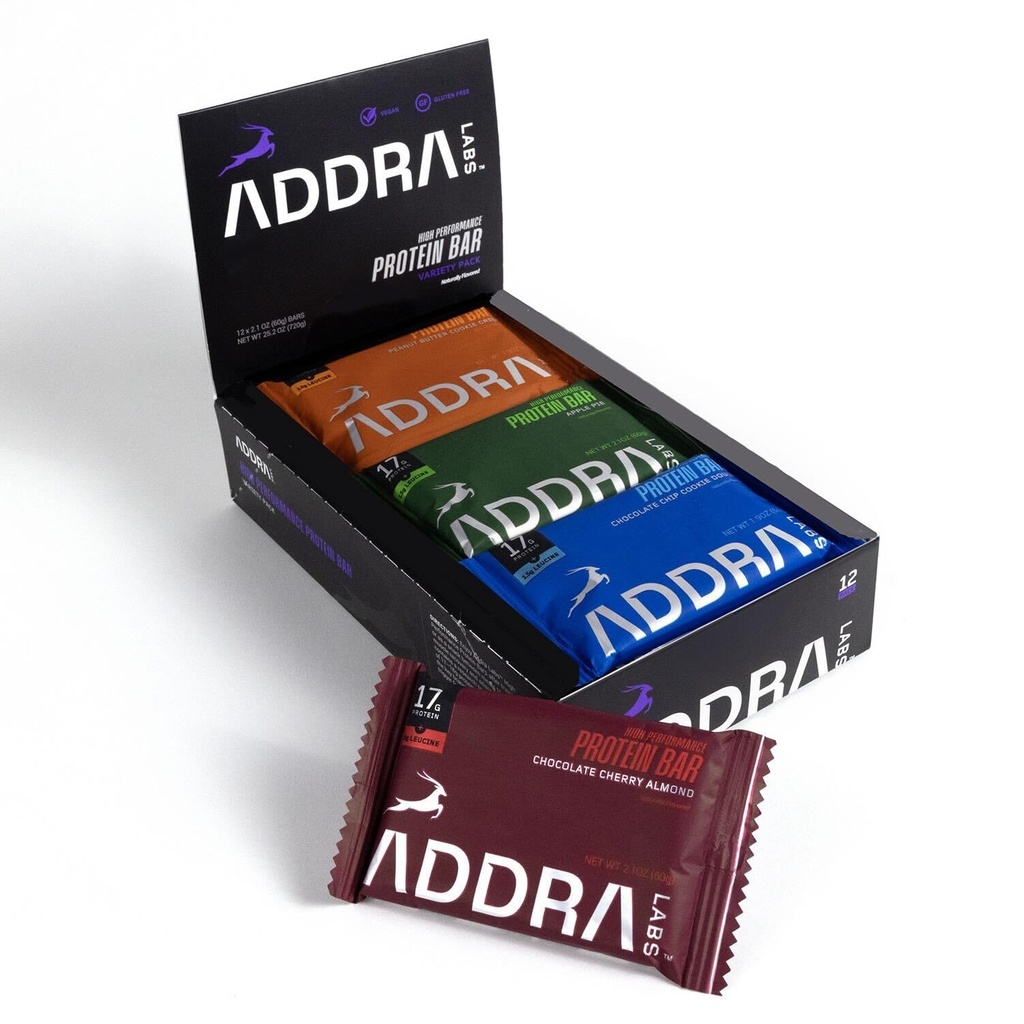 ADDRAプロテインバー - グルテンフリー、ランナーのための高プロテイン筋肉回復バー、17gプロテイン+ 1.5g BCAAロイシン、低砂糖、ビーガン、植物ベースの、および酪農場の味、混合されたケースバラエティパック、12パック