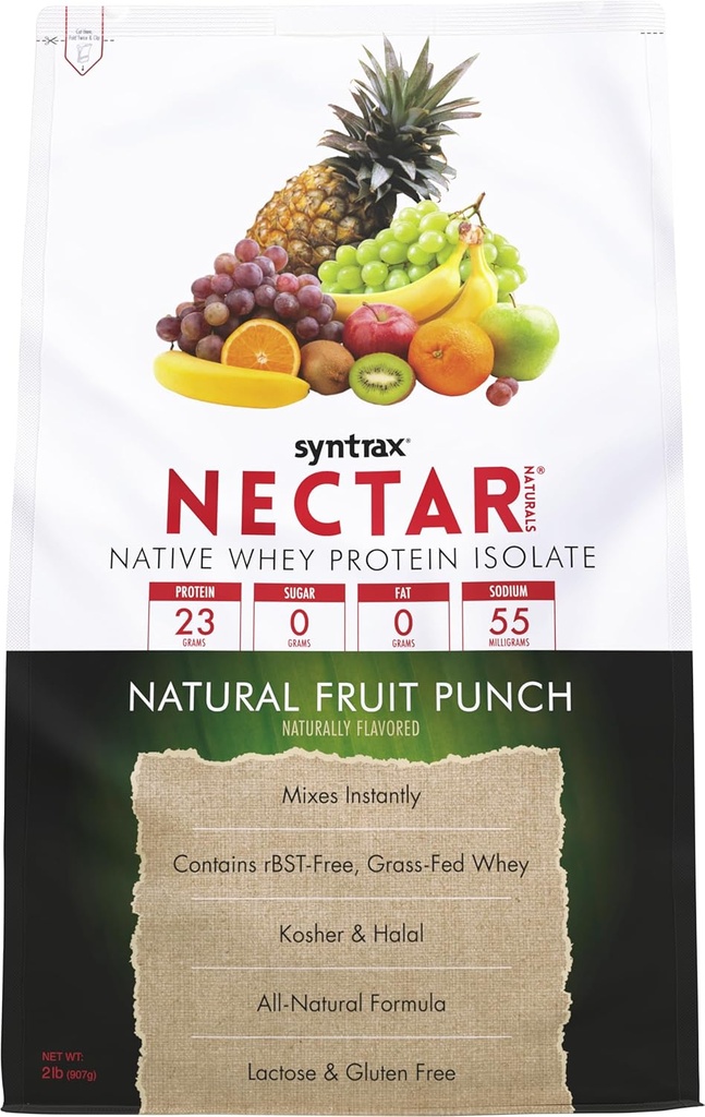 Syntrax Nectar Naturals、All Natural Whey Protein Isolate、スムース&ジューシー、ナチュラルフルーツパンチ、2ポンド。
