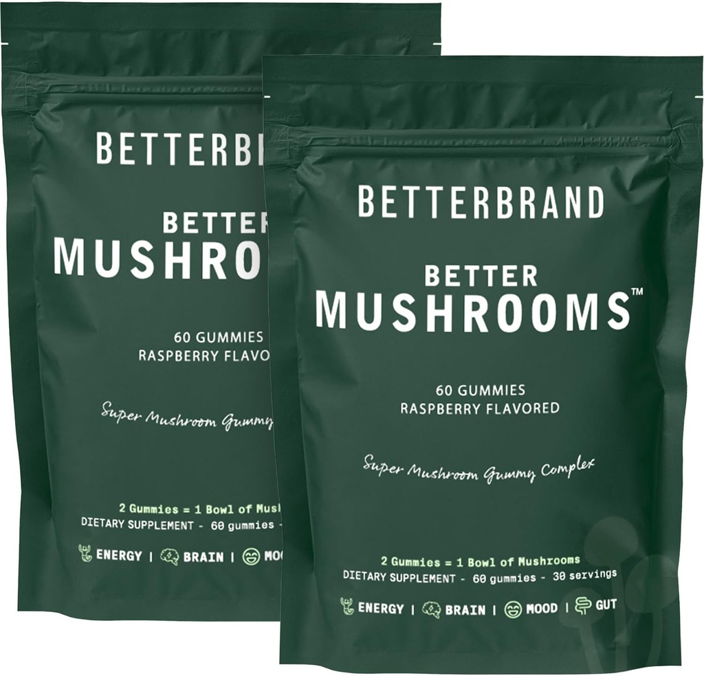 Betterbrand BetterMushroomsの向知性グミー - サポートより良いグット健康、認知機能、10機能キノコとメンタルクラリティ - 60グミ - ラズベリー味 - 2のパック