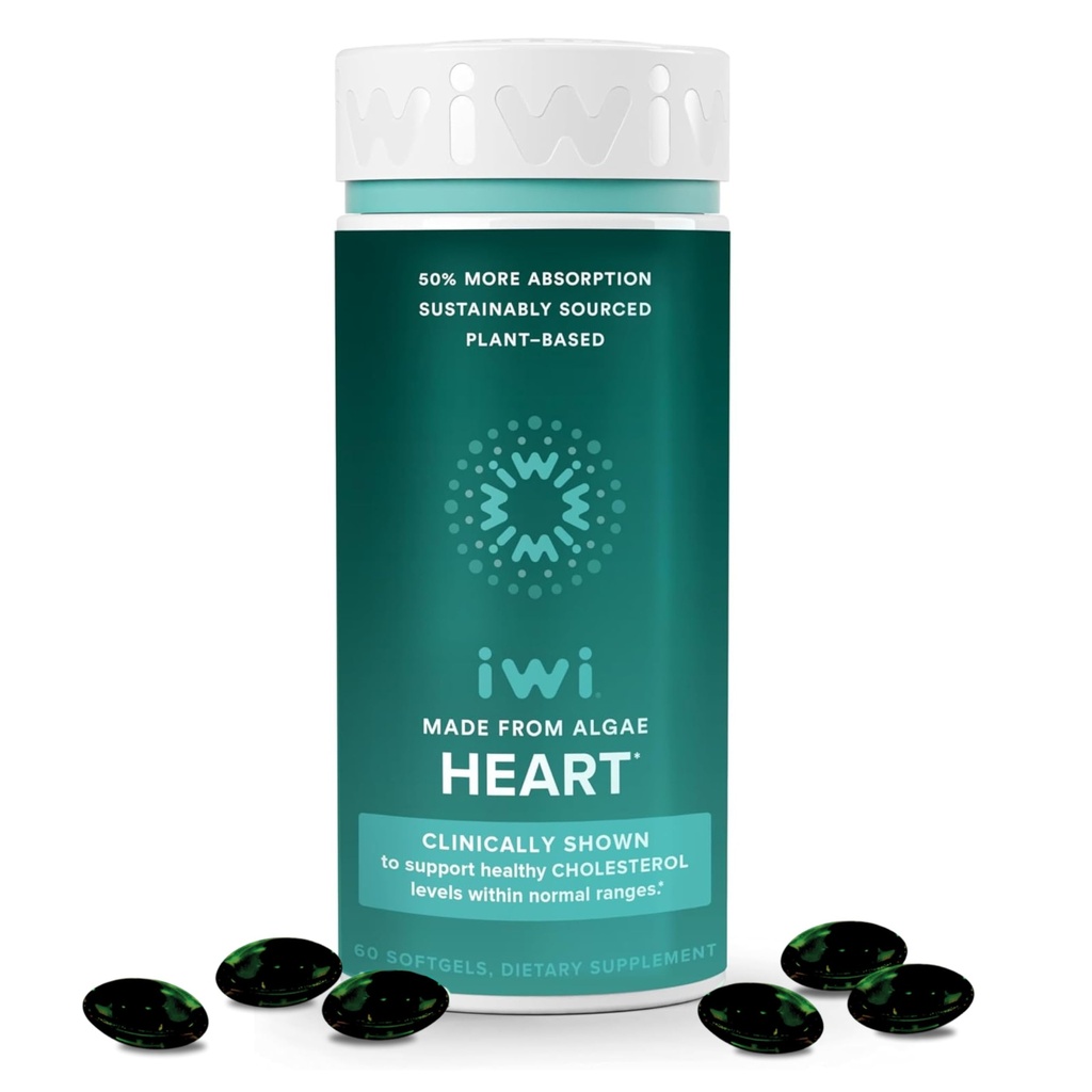 Iwiライフハートオメガ-3、60 Softgels(30サービング)、ビーガン植物ベースの藻オメガ脂肪酸+ EPA、心臓健康サポート栄養補助食品、Krill&フィッシュオイル代替、魚介類のAftertasteなし