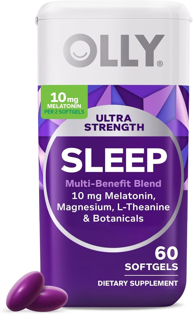 OLLYの超強さの睡眠のSoftgels、10mg Melatonin、L-Theanine、Chamomile、マグネシウム、レモン バルムは、深い残りの睡眠、夜間睡眠援助、非習慣形成を- 60の計算支えます