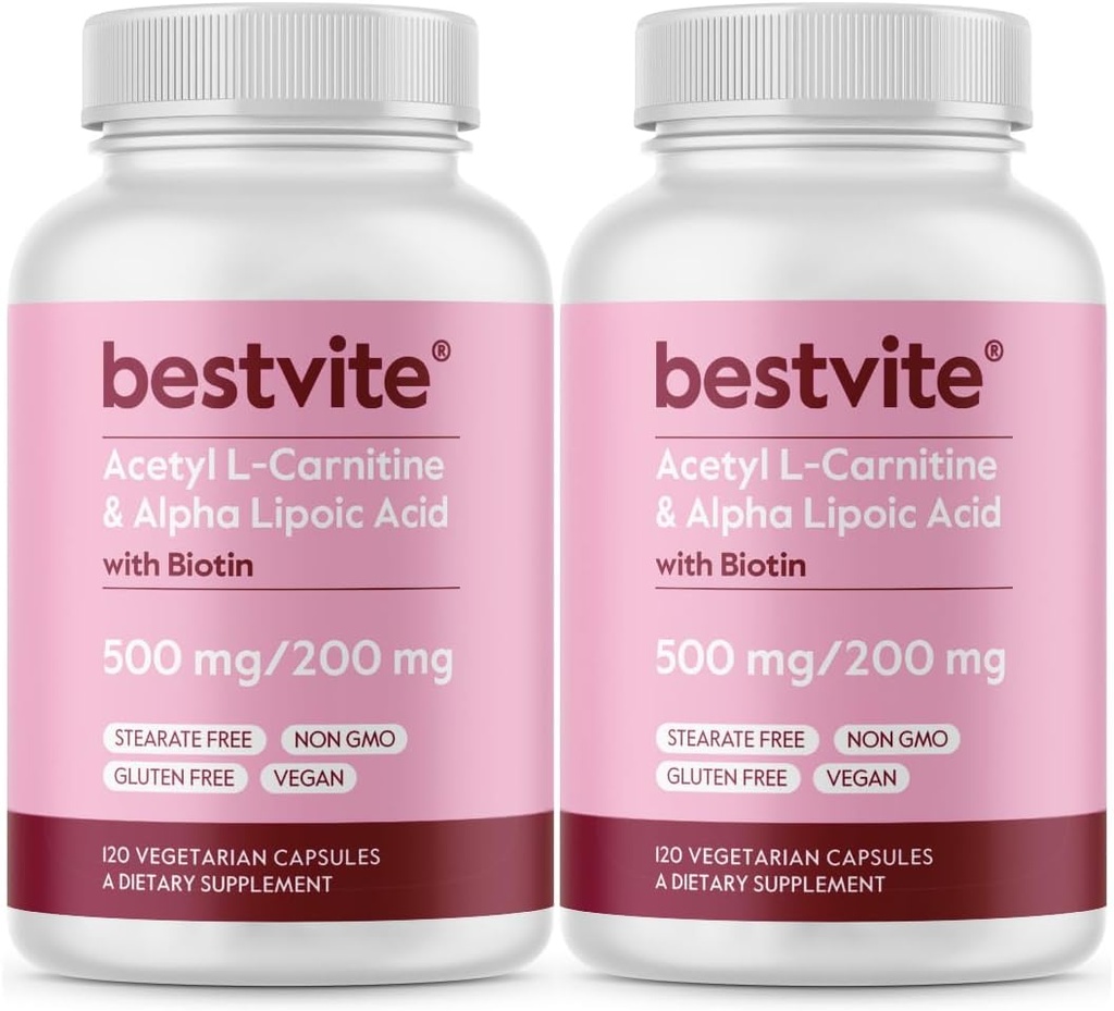 BESTVITEアセチルL-カルニチン500mg&バイオチン(240ベジタリアンカプセル)1カプセルあたりアルファリポ酸200mg(120 x 2) - 発疹なし - ビーガン - 非GMO -グルテンフリー