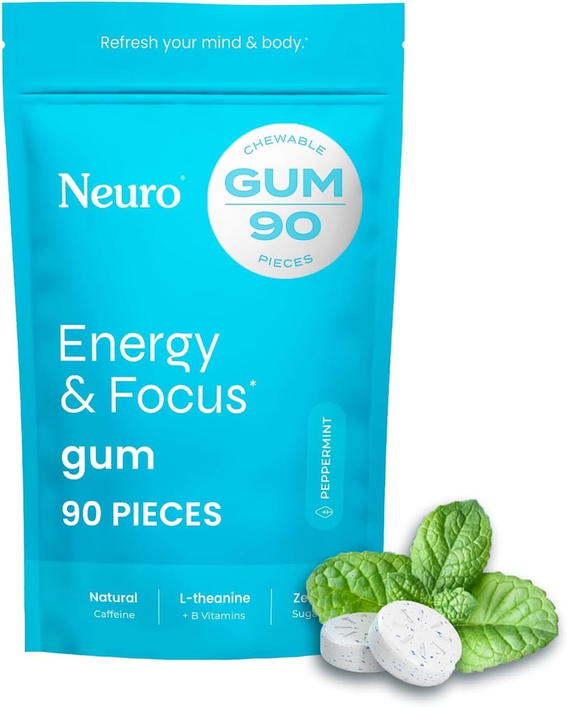 NeuroGum Energy & Focus Gum (90 Count Bag, Peppermint) | 40mg Natural Caffeine + L-Theanine + Vitamin B12 & B6 + Xylitol | Sugar Free Nootropic Cognitive Brain Performance Supplement