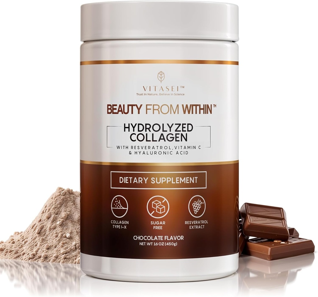 Hydrolyzed Collagen Peptides Powder with Vitamin C & Resveratrol - Hair, Skin and Nails Vitamins for Women & Men - Bone and Joint Supplement - Chocolate Flavored - 16 oz