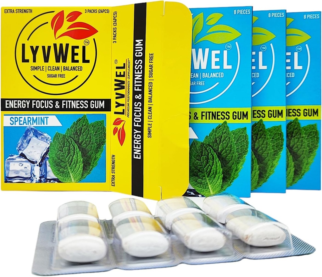 LyvWel Energy Gum | 80mgカフェイン + 50mg タウリン / 宝石用 | すべての自然 | 砂糖フリーのプレワークアウトブースト: 滞在するあなたのエッセンシャルエネルギーサプリメント Awake (Spearmint、3パック)