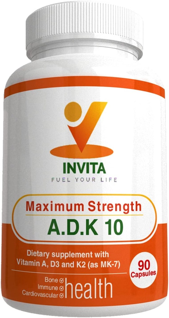 INVITA, ADK Vitamin Supplement (10,000 IU) – ADK 10 Double Strength Vitamin A1, D3 & K2-MK7 – Physician Formulated for Bone, Heart & Immune Support – Non-GMO, Gluten Free, 90 Capsules (3-Month Supply)