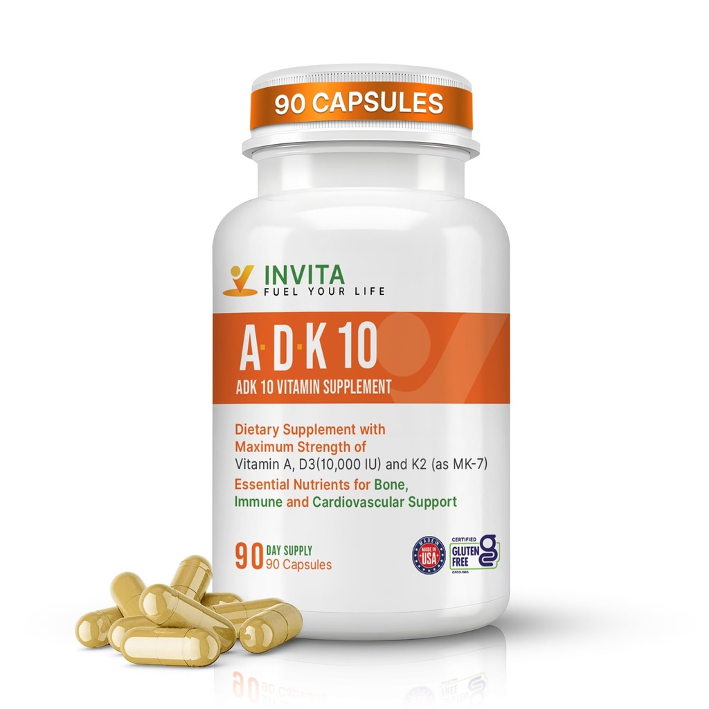 INVITA、ADKビタミンサプリメント(10,000 IU) - ADK 10ダブル強度ビタミンA1、D3&K2-MK7 - Bone、心臓&免疫サポートのためのフィジシャンフォーミュレート - 非GMO、グルテンフリー、90カプセル(3ヶ月の供給)