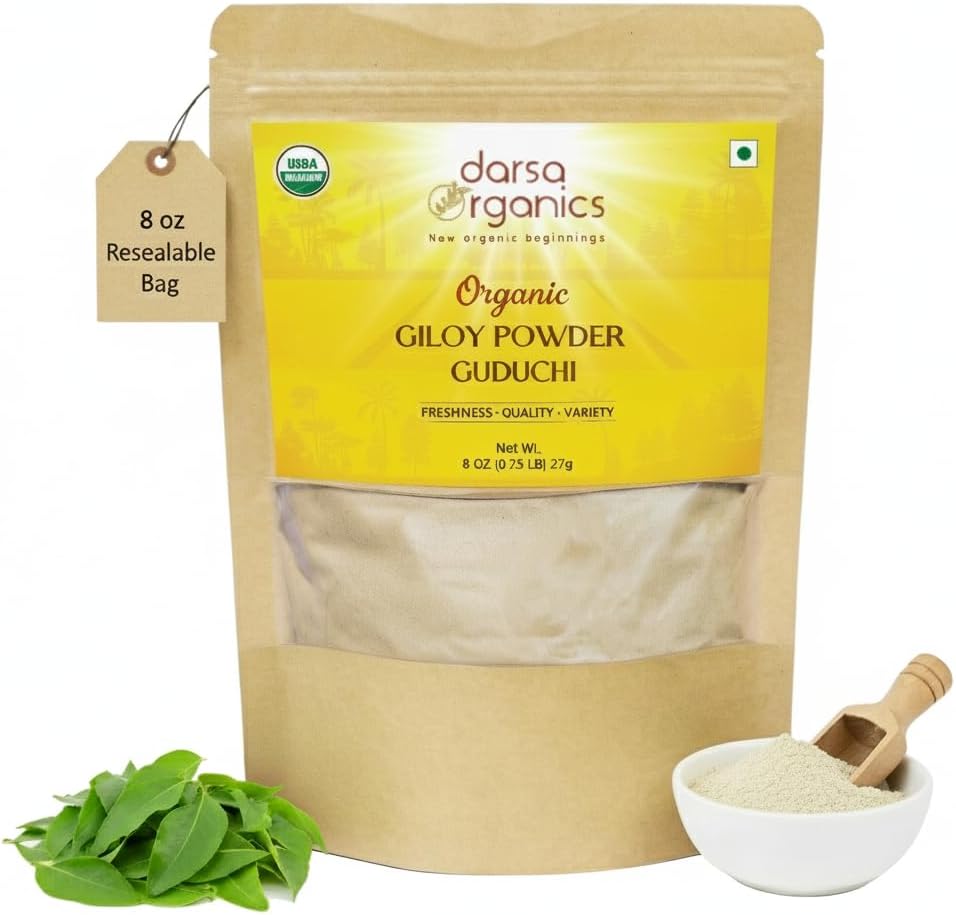 Giloy Powder 8 oz - Premium USDA Organic Guduchi Powder (Tinospora Cordifolia), Ayurvedic Herb for Immunity & Wellness, Herbal Tea & Recipes, Non-GMO, Kosher, Vegan, Resealable Pouch
