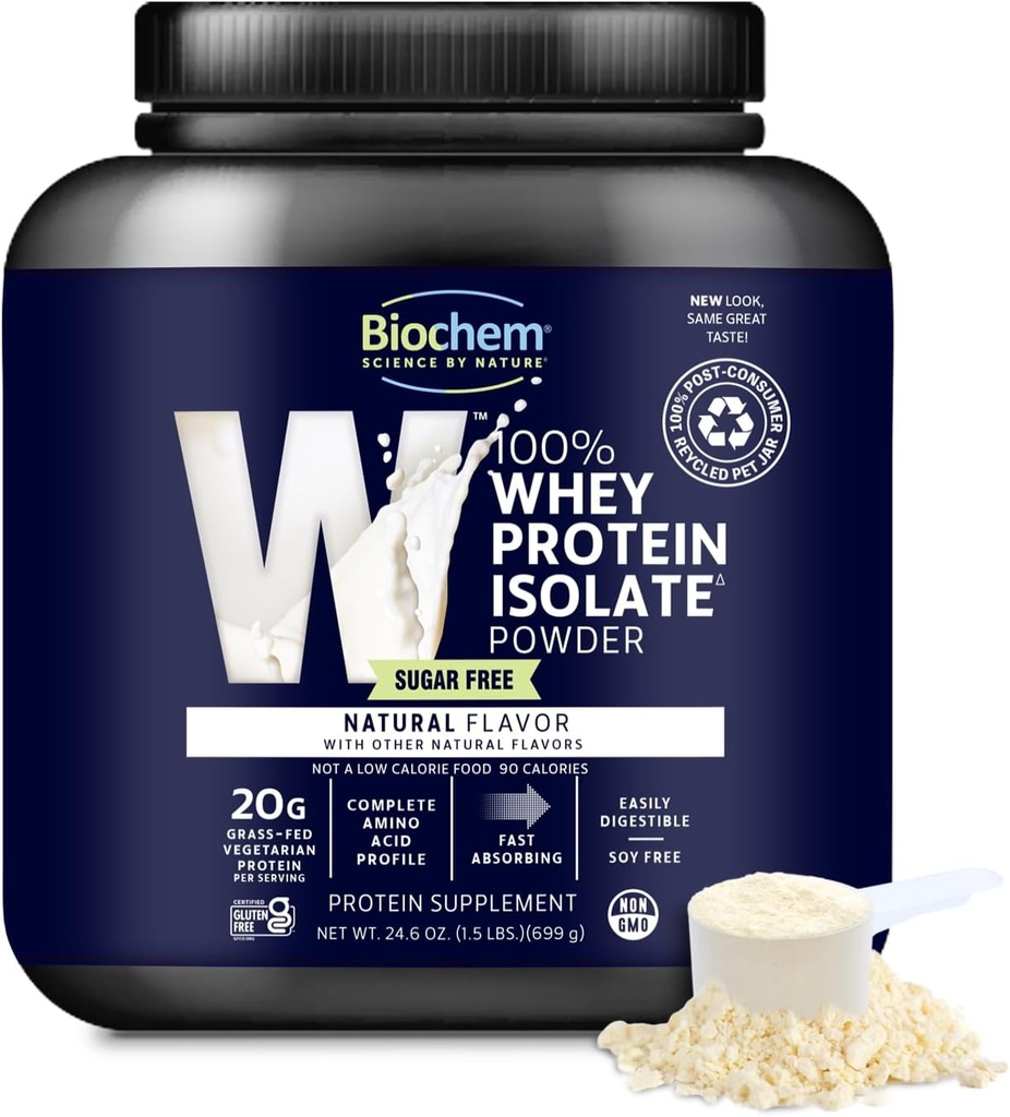 Biochem 100% Whey Isolate Protein Powder - Grass Fed, Low Carb, Keto-Friendly, Non-GMO, Gluten-Free - Supports Immune Health & Muscle Recovery 20g Vegetarian Protein per Serving - Natural Flavor,1.5lb