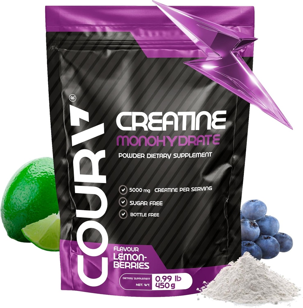 COURA Creatine Monohydrate Lemon-Berries Flavor - 450g - Sports Supplement - Strength and Endurance - Ideal for Intense Workouts - Gluten Free - Bottle Free