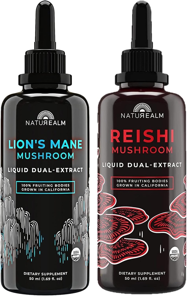 NaturealmのReishi及びライオンのマネのきのこのエキス-焦点、免除、Longevity、腸の健康、反老化、エネルギー及び多くのための適応物質の積み重ね-有機性液体の低下- 50のmL各(2パック)