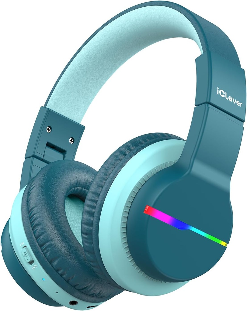 iClever BTH12はBluetoothのヘッドホーン、多彩なLEDライト無線子供のヘッドフォン、74/85dBAをからかいます 安全な容積、85Hの再生時間、Bluetooth 5.2の上の耳のヘッドホーンiPad/Tablet/飛行機、緑のための作り付けのミック