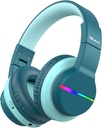 iClever BTH12はBluetoothのヘッドホーン、多彩なLEDライト無線子供のヘッドフォン、74/85dBAをからかいます 安全な容積、85Hの再生時間、Bluetooth 5.2の上の耳のヘッドホーンiPad/Tablet/飛行機、緑のための作り付けのミック