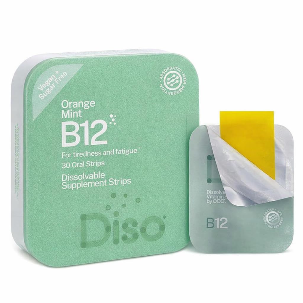 DISO - ビタミンB12 - 急速解経口ストリップ、疲労と疲労のために、オレンジミント風味、ビーガン、砂糖無料、最大吸収、グルテンフリー、個別にラップ、30分解性ストリップ