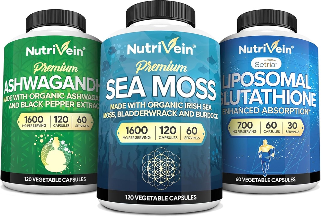 Nutriveinの優れたアイリッシュ海の苔のカプセル、AshwagandhaおよびLiposomalのグルタチオンの補足の束:海の苔、減らされたグルタチオン、及び免疫、気分、消化及びDetoxのためのアシュワガンダの補足