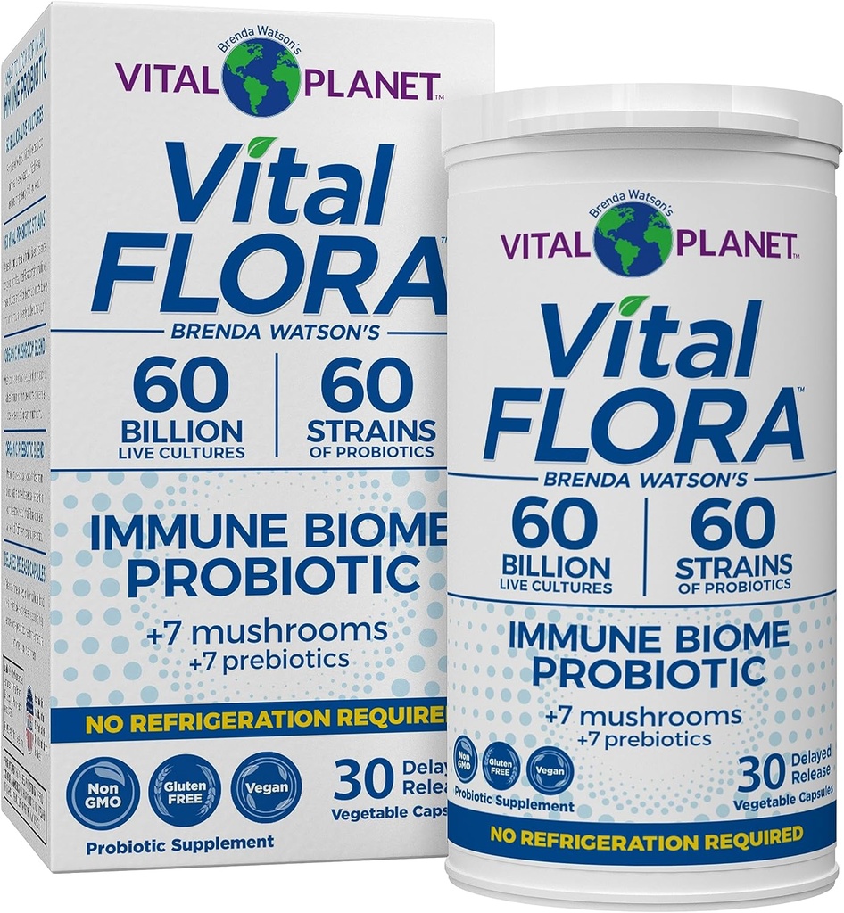 Vital Planet - Vital Flora Immuneサポートプロバイオティクス、60 Billion CFU、60 Diverse Strains、プレバイオティクス、シェルフ安定した消化の健康プロバイオティクス30カプセルと7有機マッシュルームサプリメントブレンド