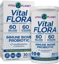 Vital Planet - Vital Flora Immuneサポートプロバイオティクス、60 Billion CFU、60 Diverse Strains、プレバイオティクス、シェルフ安定した消化の健康プロバイオティクス30カプセルと7有機マッシュルームサプリメントブレンド