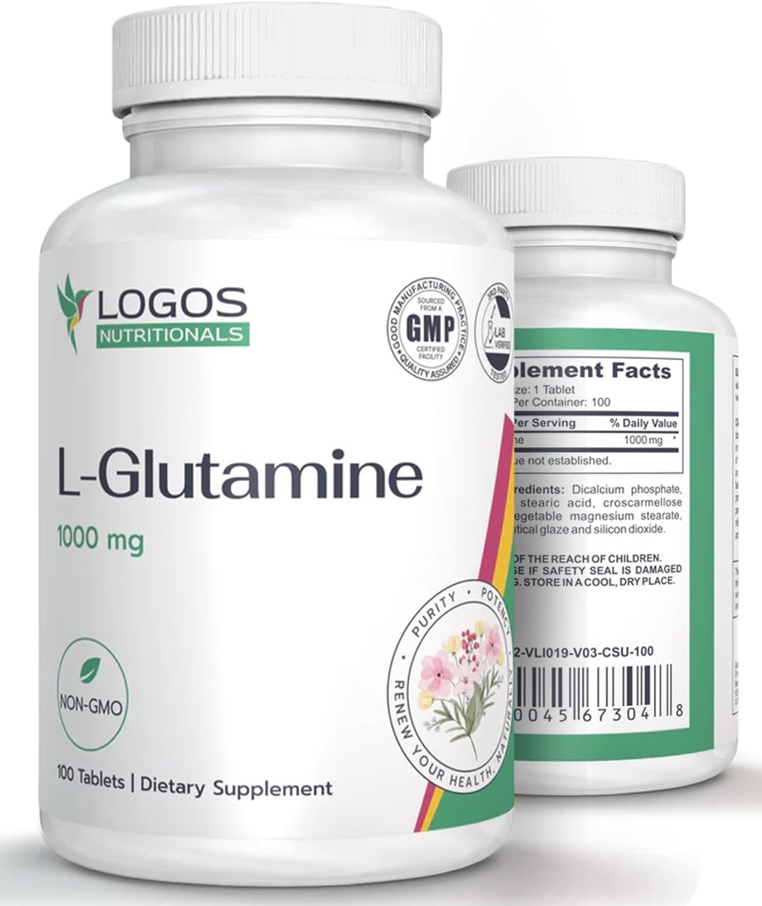 Lグルタミン1000mg | 筋肉のチスのための栄養補助食品 | 腸の健康とライニングのための非GMO Lグルタミン | 風味の丸薬 (100 カウント)