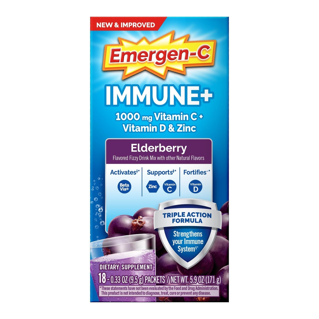Emergen-C Immune+トリプルアクション免疫サポートパウダー、BetaVia(R)、1000mgビタミンC、Bビタミン、ビタミンD、抗酸化剤、エルダーベリー、学校に戻ってエッセンシャル - 18カウント