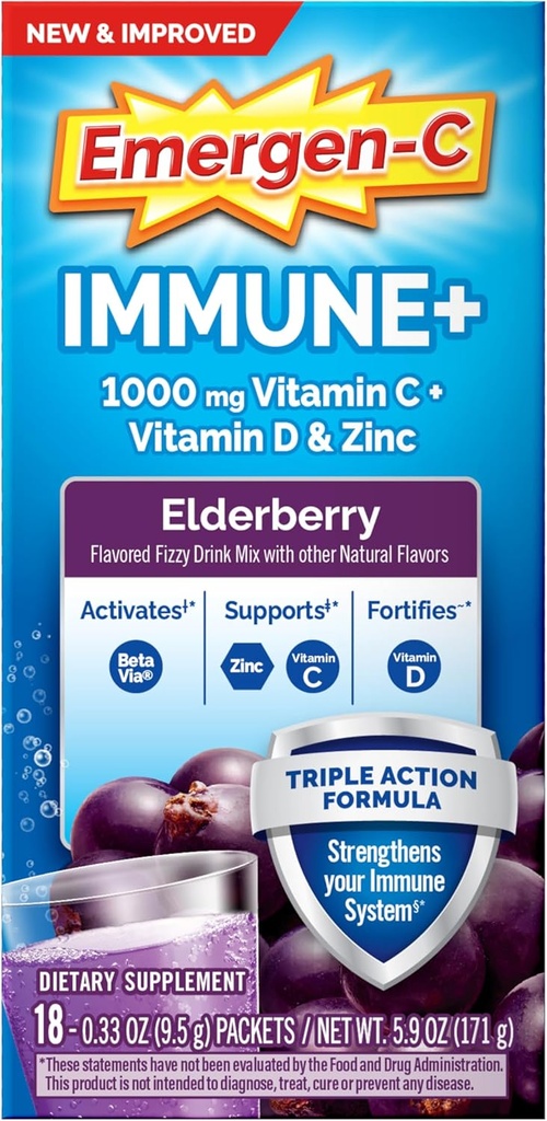 Emergen-C Immune+トリプルアクション免疫サポートパウダー、BetaVia(R)、1000mgビタミンC、Bビタミン、ビタミンD、抗酸化剤、エルダーベリー、学校に戻ってエッセンシャル - 18カウント